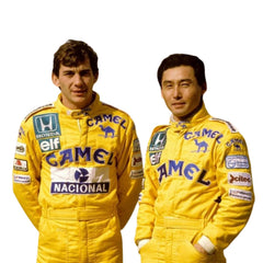 Close-up shot of the 1987 F1 racing suit worn by Ayrton Senna, highlighting premium stitching, fabric texture, and colorful sponsor logos.Bestracewear