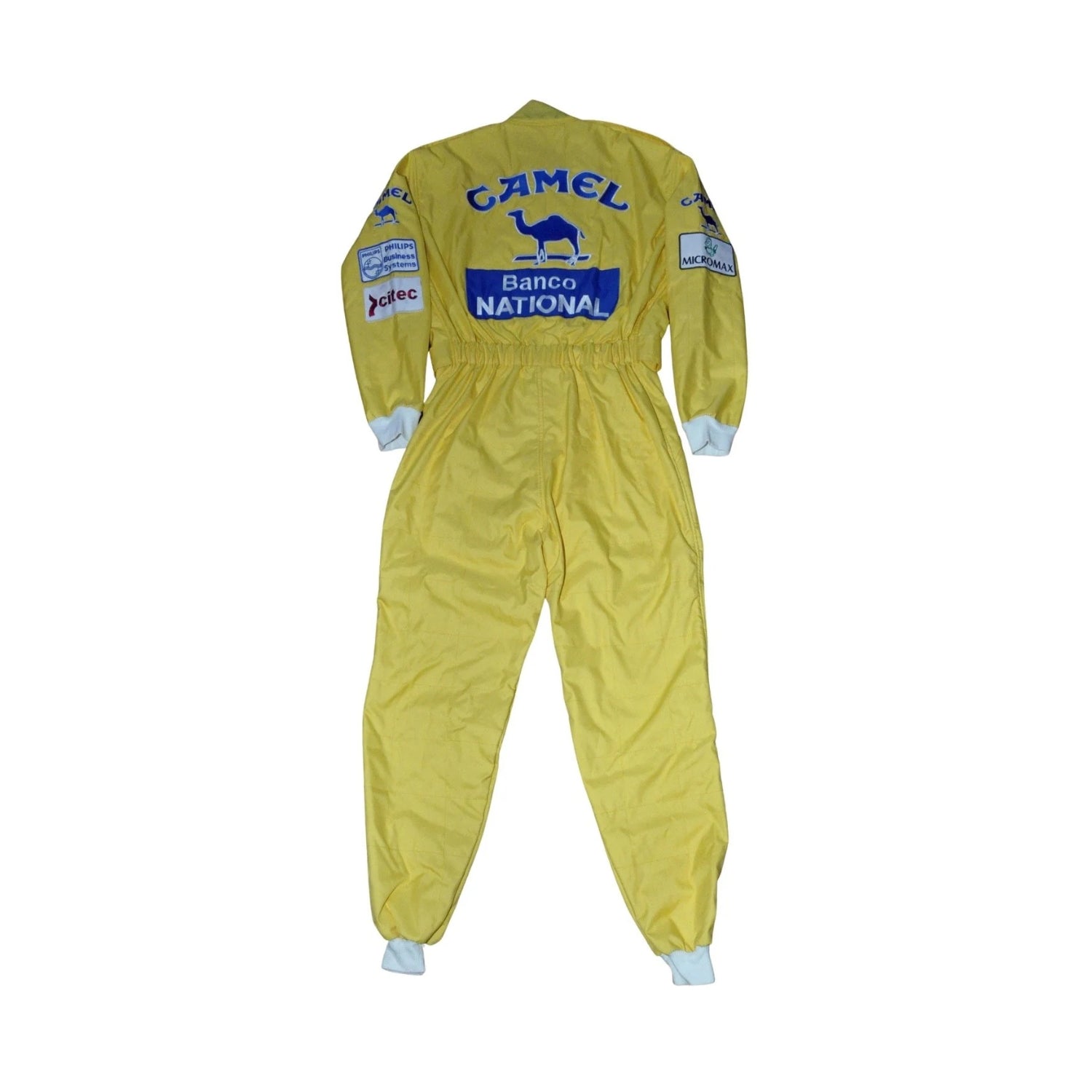 Back of Ayrton Senna's 1987 F1 suit, featuring a striking yellow base with vivid green detailing, designed for performance during a defining season.Bestracewear