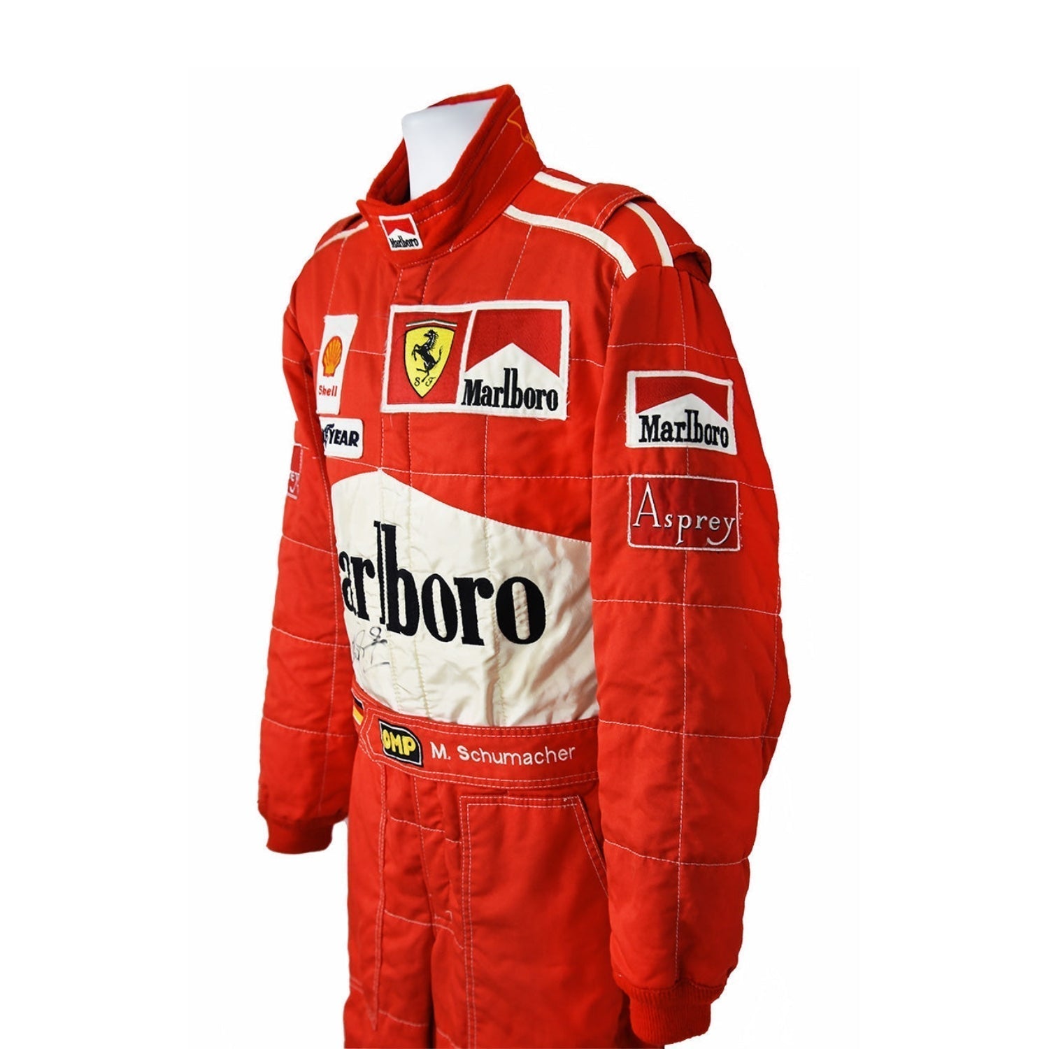 Side profile of Schumacher’s 1997 F1 race suit, focusing on the sharp red and white design with key sponsor logos from his battle for the championship-Bestracewear