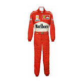 Front view of Michael Schumacher’s 1997 F1 race suit, featuring a bold design with striking red and white details, symbolizing his fierce 1997 championship run. Bestracewear