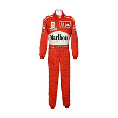 Front view of Michael Schumacher’s 1997 F1 race suit, featuring a bold design with striking red and white details, symbolizing his fierce 1997 championship run. Bestracewear