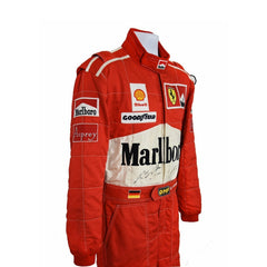 Side profile of Schumacher’s 1997 F1 race suit, focusing on the sharp red and white design with key sponsor logos from his battle for the championship. Bestracewear