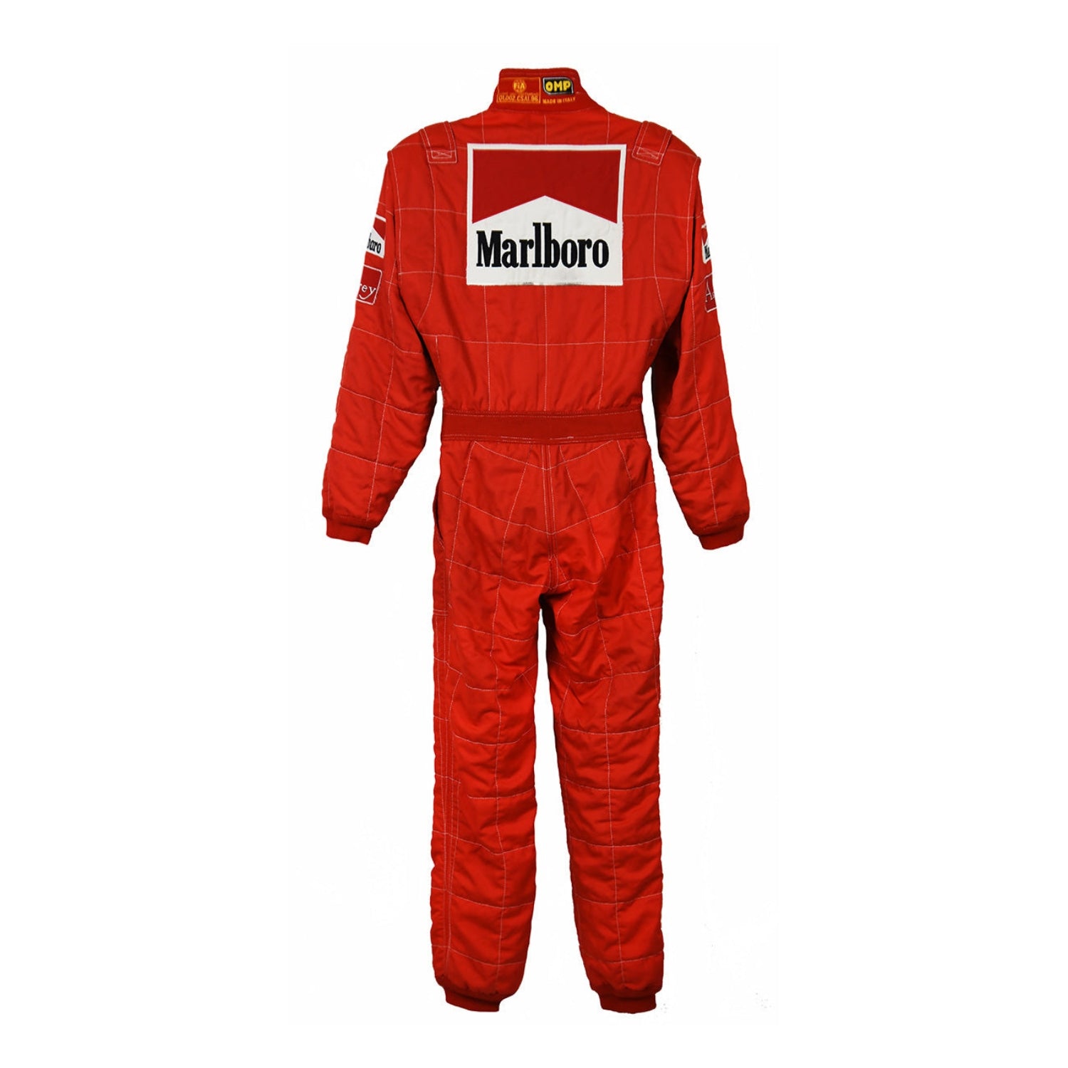 Backside of Schumacher’s 1997 race suit, showcasing red and white tones with sponsor logos that represent his competitive spirit during a hard-fought season.Bestracewear