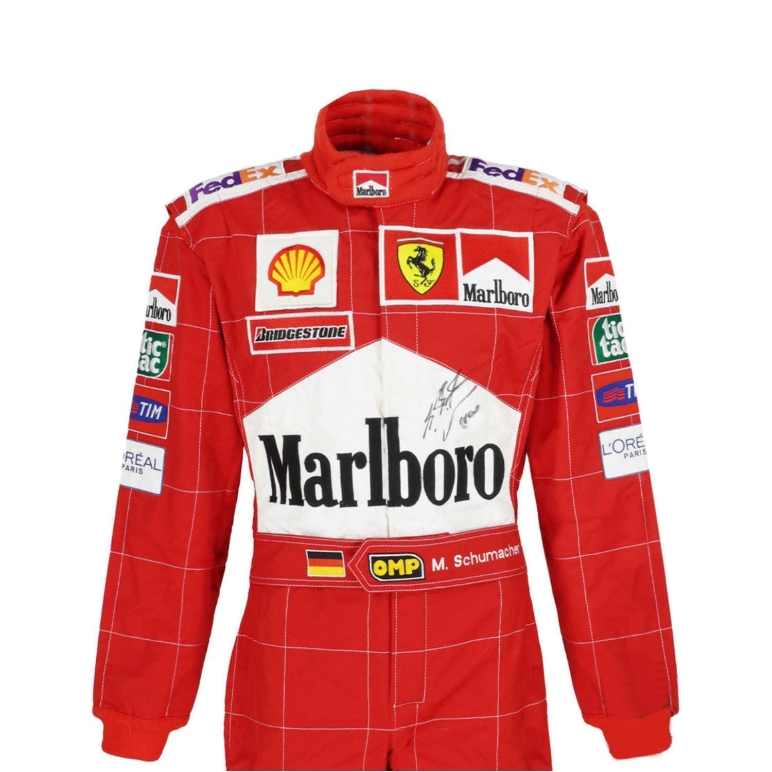 Close-up of Schumacher’s 2004 F1 suit, showing high-quality red fabric, tight white stitching, and finely printed sponsor details true to the original.2004MichaelSchumacherF1RacingSuit_Bestracewearlica