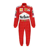 Front view of Michael Schumacher’s 2004 F1 racing suit in vivid red with white detailing, capturing the power and confidence of his record-setting season.Bestracewear