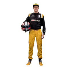 Full-body view of Nico Hulkenberg’s 2017 F1 racing suit, highlighting embroidered sponsor logos, sleek aerodynamic design, and performance features.
