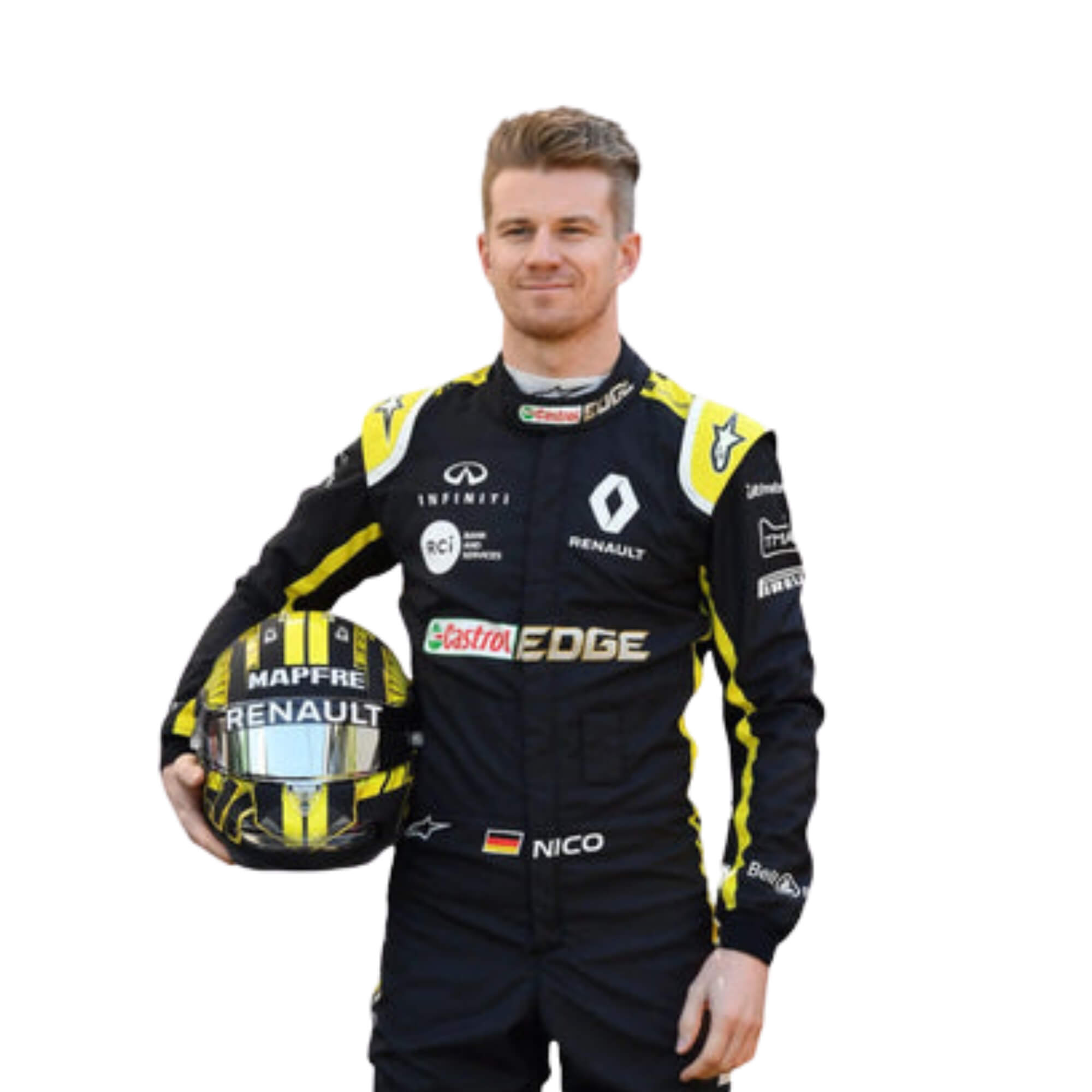 Nico Hülkenberg 2019 F1 suit – front close view highlighting a clean, modern design with dynamic race-inspired detailing, trending among F1 collectors.Bestracewear
