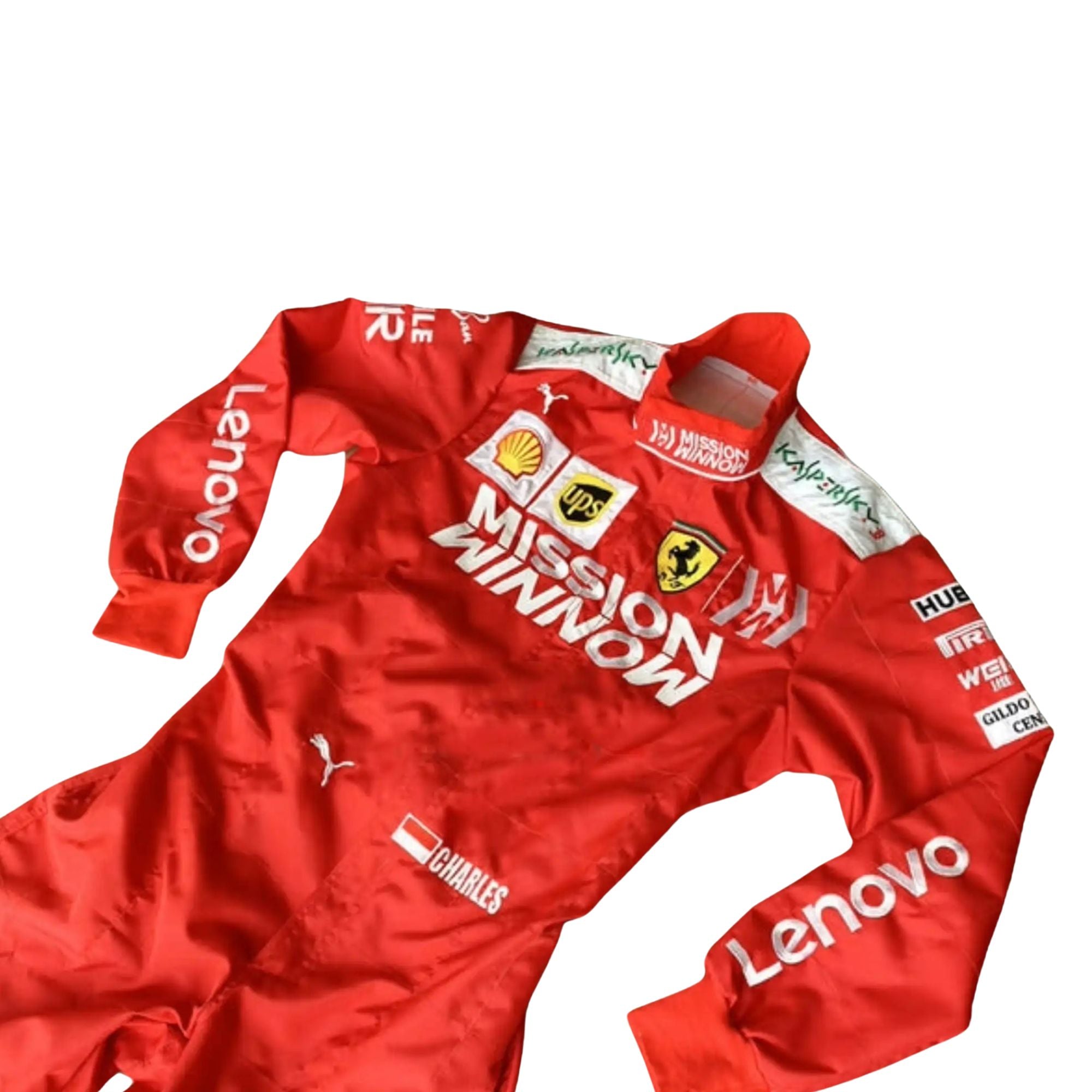 Front close up view of2019 Charles Leclerc Team mission Winnow F1 Racing Suit- Bestracewear, featuring prominent red design with logos.