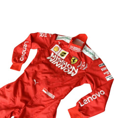 Front close up view of2019 Charles Leclerc Team mission Winnow F1 Racing Suit- Bestracewear, featuring prominent red design with logos.