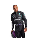 Close up view of 2020 Lewis Hamilton F1 Racing Suit-Bestracewear – sleek black design with silver detailing,