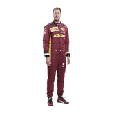 2020 Sebastian Vettel 1000 GP F1 racing suit from bestracewear front view, deep maroon design with gold detailing and sponsor logos.