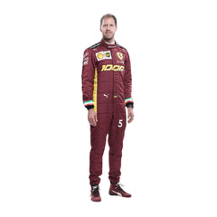 2020 Sebastian Vettel 1000 GP F1 racing suit from bestracewear front view, deep maroon design with gold detailing and sponsor logos.
