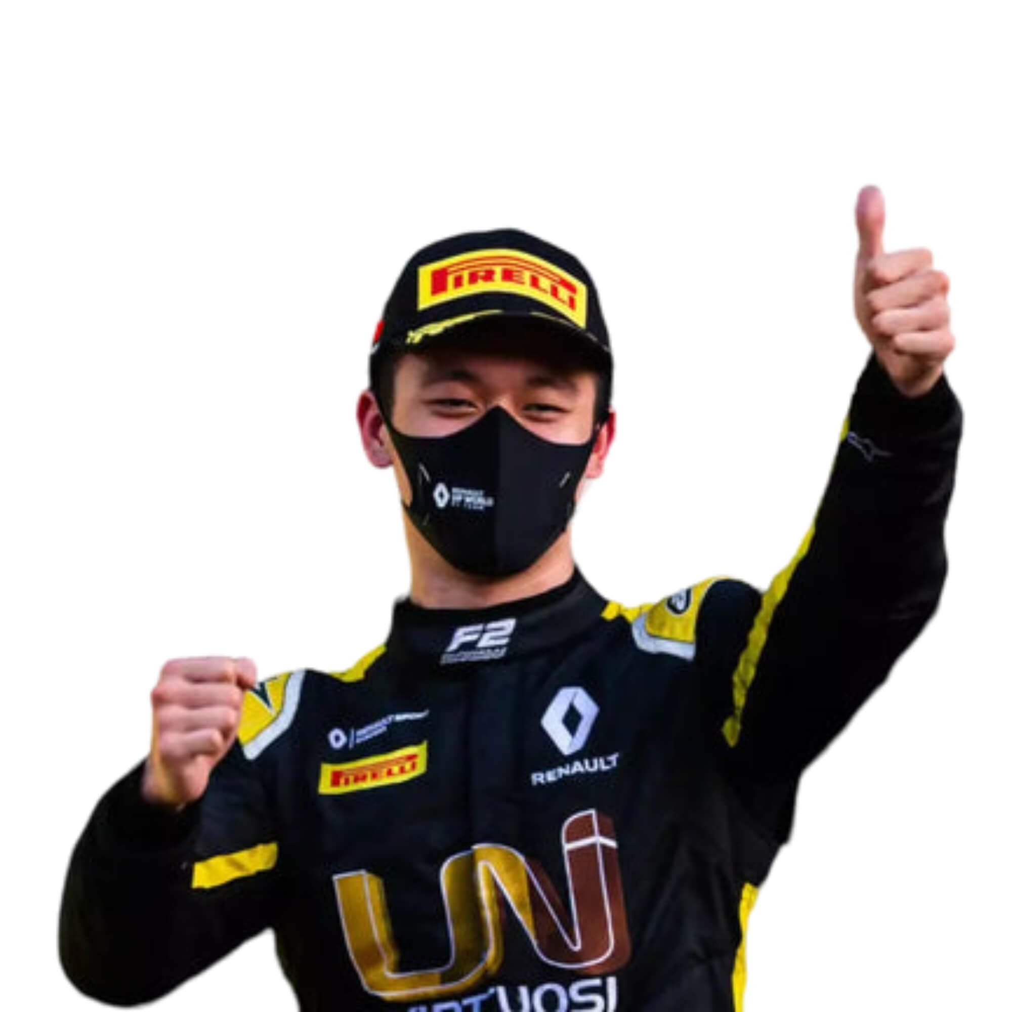 Close up view of 2020 Zhou Guanyu Renault F1 Racing Suit - Bestracewear – sleek black and yellow design