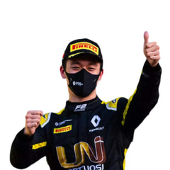 Close up view of 2020 Zhou Guanyu Renault F1 Racing Suit - Bestracewear – sleek black and yellow design