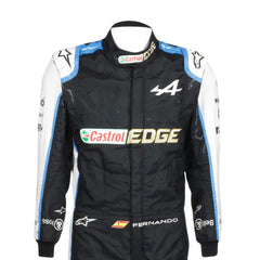 Close up front view of Fernando Alonso 2021 F1 racing suit – vibrant blue design