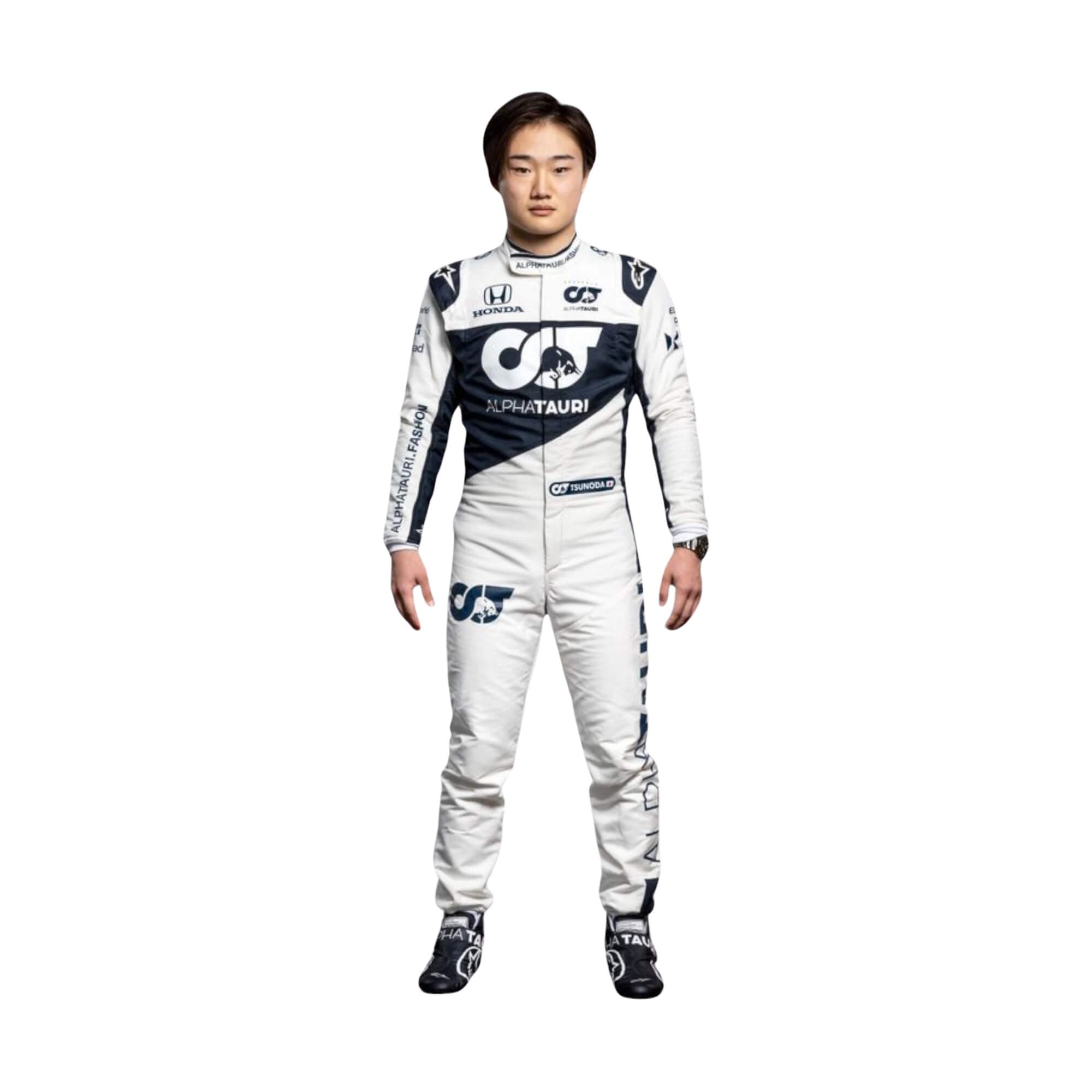 Yuki Tsunoda 2021 rookie season F1 racing suit – front view with sleek design at bestracewear