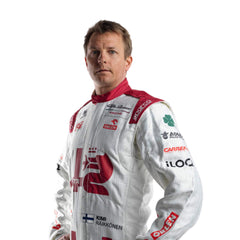 Closeup view of 2021 Kimi Raikkonen F1 Racing Suit from bestracewear – sleek design