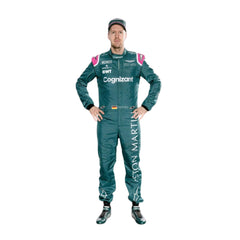 2021 Sebastian Vettel F1 Racing Suit from Bestracewear Front View, Green Design, Embroidered Logos, Full Zipper Closure