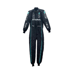 George Russell’s 2023 F1 racing suit in a sleek black and silver design, featuring prominent sponsor logos on the chest and legs. The suit is tailored for aerodynamics and performance, showcasing Russell’s commitment to excellence.Bestracewear