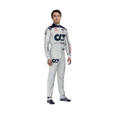 Nyck de Vries' 2023 F1 racing suit front view featuring a white base with navy blue accents on the shoulders and sides, complemented by red sponsor logos, showcasing a sleek and modern design.