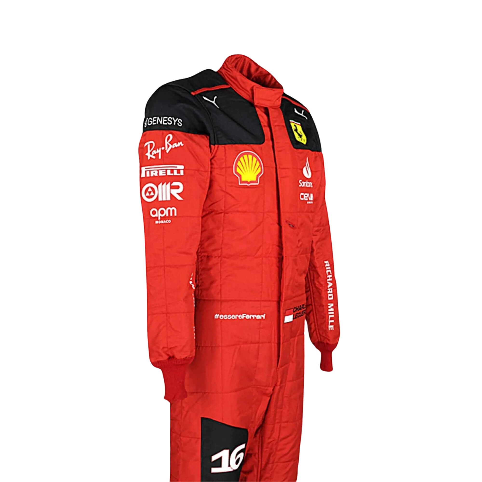 Left Side profile of 2023 Charles Leclerc F1 Racing Suit_Bestracewear highlighting the black side panels against the Rosso Le Mans red base, with white sponsor details on the arms and legs, emphasizing the suit's tailored fit.
