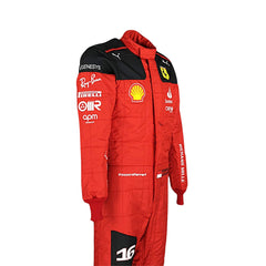Left Side profile of 2023 Charles Leclerc F1 Racing Suit_Bestracewear highlighting the black side panels against the Rosso Le Mans red base, with white sponsor details on the arms and legs, emphasizing the suit's tailored fit.