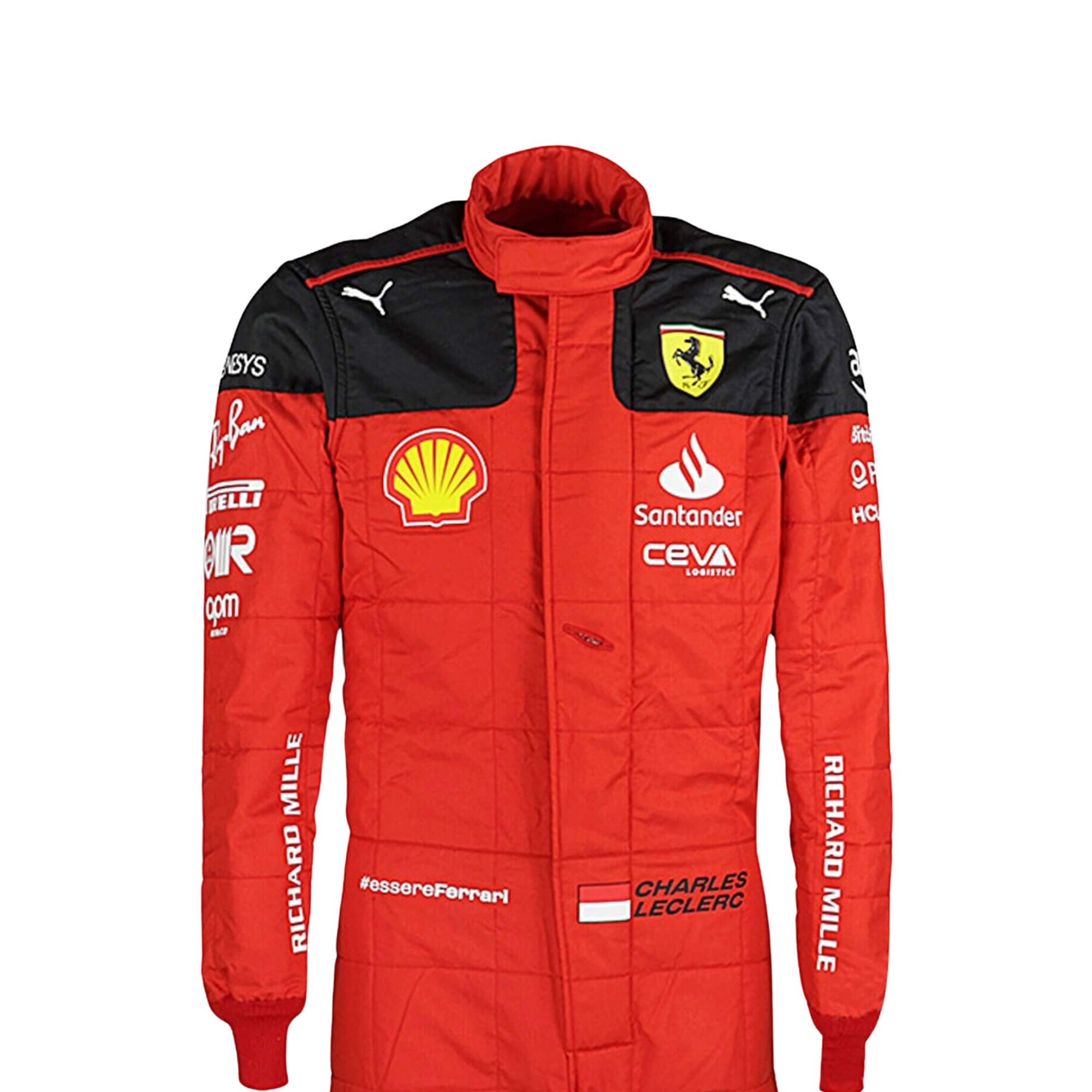 Close-up of 2023 Charles Leclerc F1 Racing Suit_Bestracewear fabric texture and stitched sponsor logos, detailing the high-quality materials and the integration of the Rosso Le Mans red, black, and white color palette.