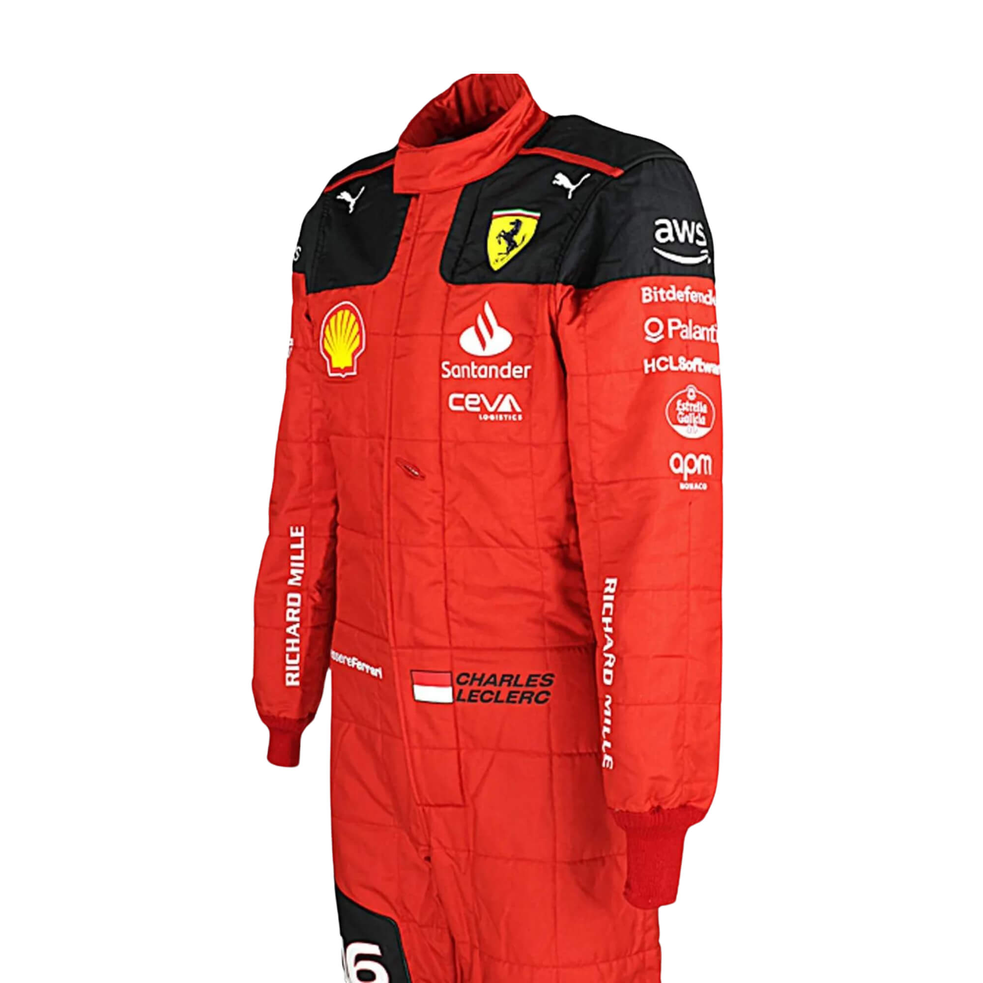 Right Side profile of 2023 Charles Leclerc F1 Racing Suit_Bestracewear highlighting the black side panels against the Rosso Le Mans red base, with white sponsor details on the arms and legs, emphasizing the suit's tailored fit.