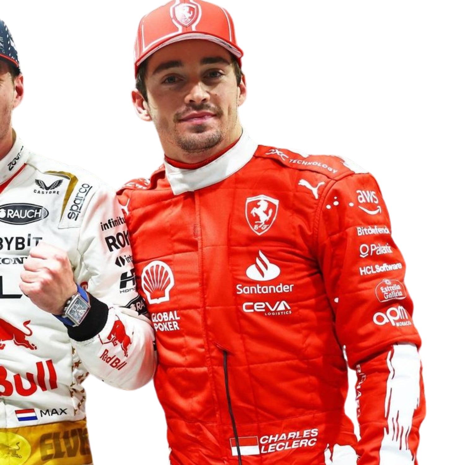 Close-up of 2023 Charles Leclerc Las Vegas GP F1 Racing Suit-Besracewear fabric texture and stitched sponsor logos, detailing the high-quality materials and the integration of the red and white color palette.