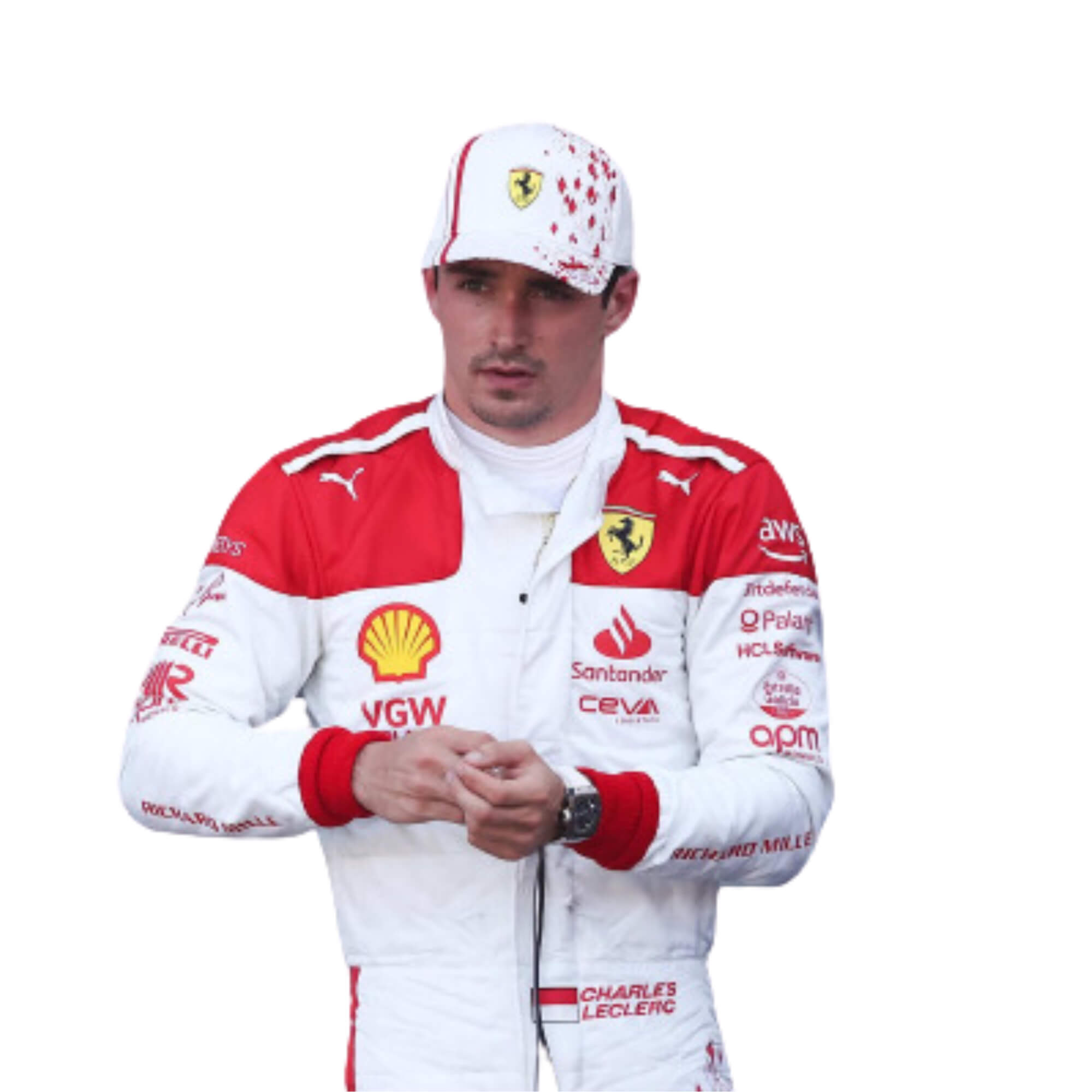 Close-up of2023 Charles Leclerc Monaco GP F1 Racing Suit-Bestracewear, fabric texture and stitched sponsor logos, detailing the high-quality materials and the integration of the white and red color palette.