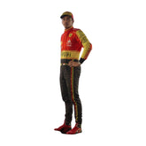 Right Side profile of 2023 Charles Leclerc Monza Special Edition F1 Racing Suit-Bestracewear highlighting the yellow base with red panels on the sides and arms, tailored for aerodynamic performance.