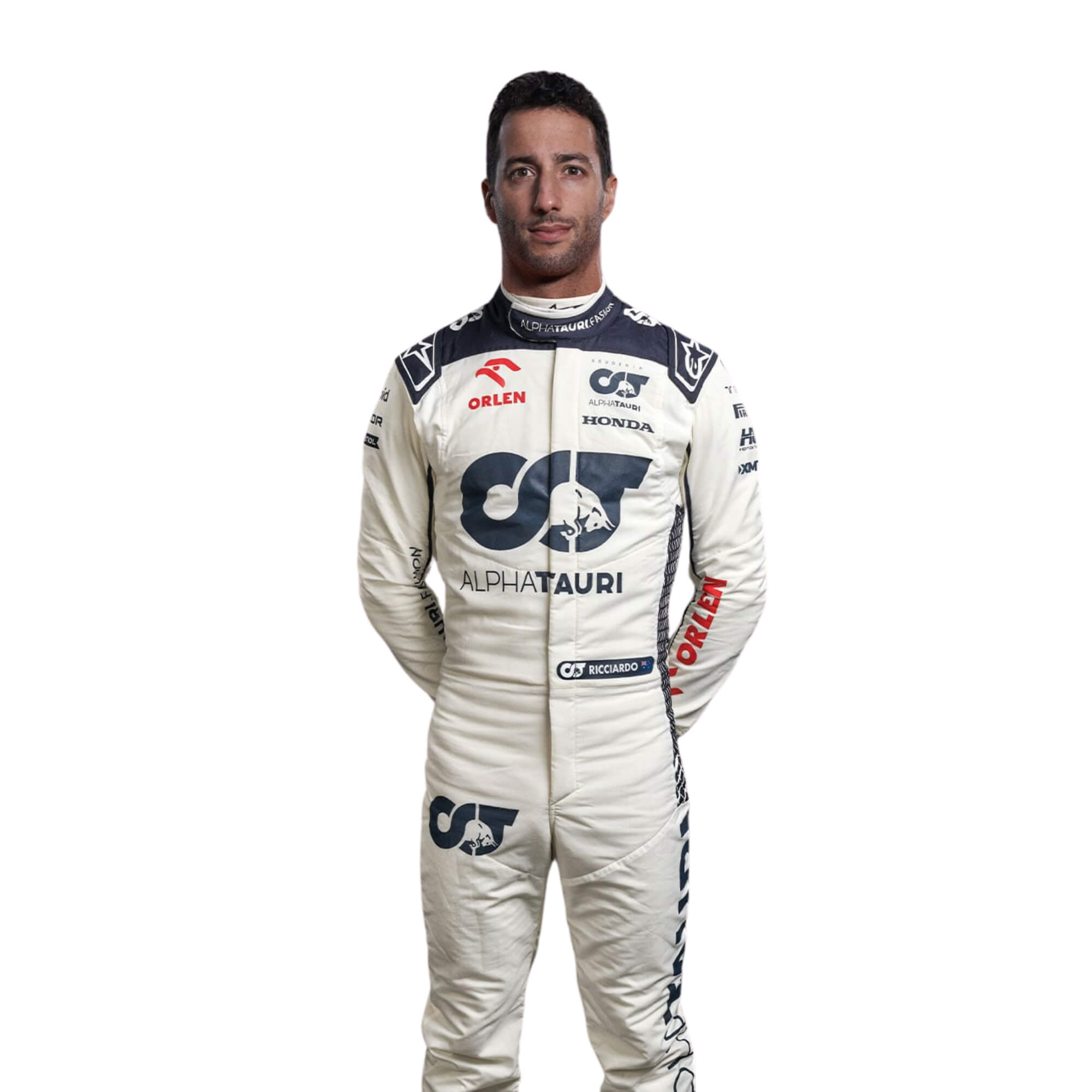 Close-up of 2023 Daniel Ricciardo F1 racing suit from Bestracewear its fabric texture and stitched sponsor logos, detailing the high-quality materials and the integration of the white, navy blue, and red color palette.
