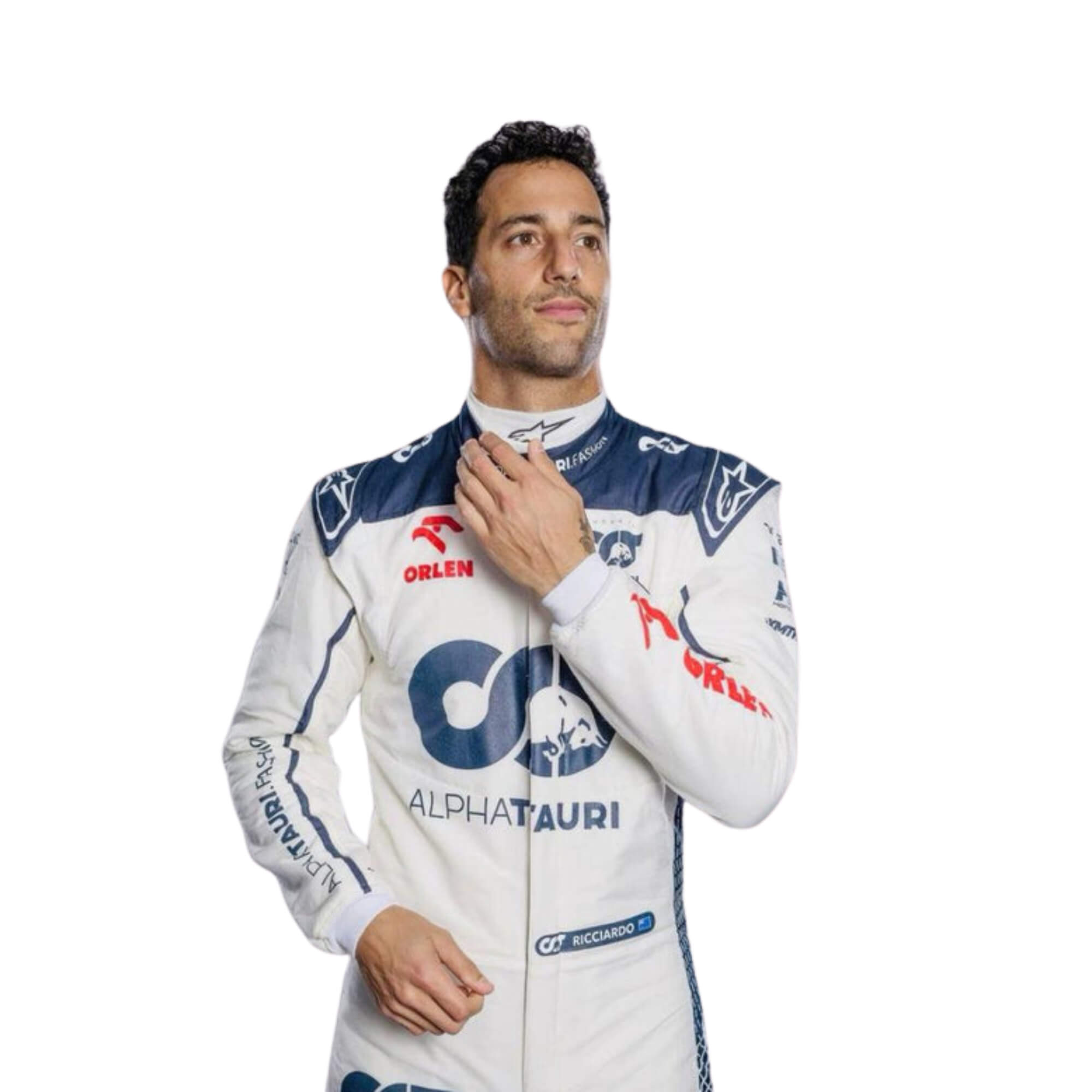 Close-up of 2023 Daniel Ricciardo F1 racing suit from Bestracewear its fabric texture and stitched sponsor logos, detailing the high-quality materials and the integration of the white, navy blue, and red color palette.