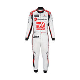 2023 Kevin Magnussen F1 racing suit from bestracewear, front view showing sleek black, white, and red design with breathable fabric and modern fit.