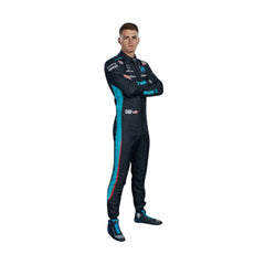 Front view of 2023 Logan Sargeant F1 Racing Suit-Bestracewear in deep blue with white side panels and black detailing, designed for aerodynamic comfort and style.
