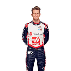 Close-up of Nico Hülkenberg's 2024 F1 race suit, displaying the intricate red, white, and black material with sponsor logos.