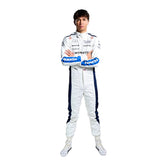 Front view of Alex Albon's 2024 F1 racing suit in white with red and blue accents, showcasing sponsor logos and a modern race-ready design.
