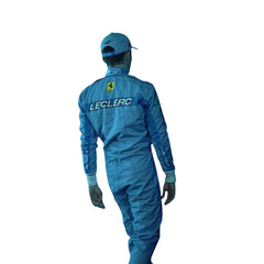 Rear view of 2024 Charles Leclerc miami GP F1 racing suit from Bestracewear featuring a blue base with yellow detailing along with prominent sponsor logos.