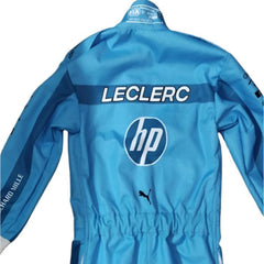 Rear view of 2024 Charles Leclerc miami GP F1 racing suit from Bestracewear, featuring a blue base with yellow detailing along with prominent sponsor logos.