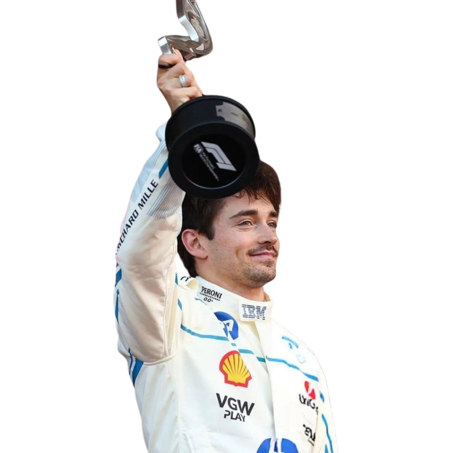 Detailed close-up of the 2025-Charles-Leclerc-Monaco-GP-F1-Racing-Suit showing Charles Leclerc's holding Trophy, precision-stitched logos, and white and blue detail design.Bestracewear