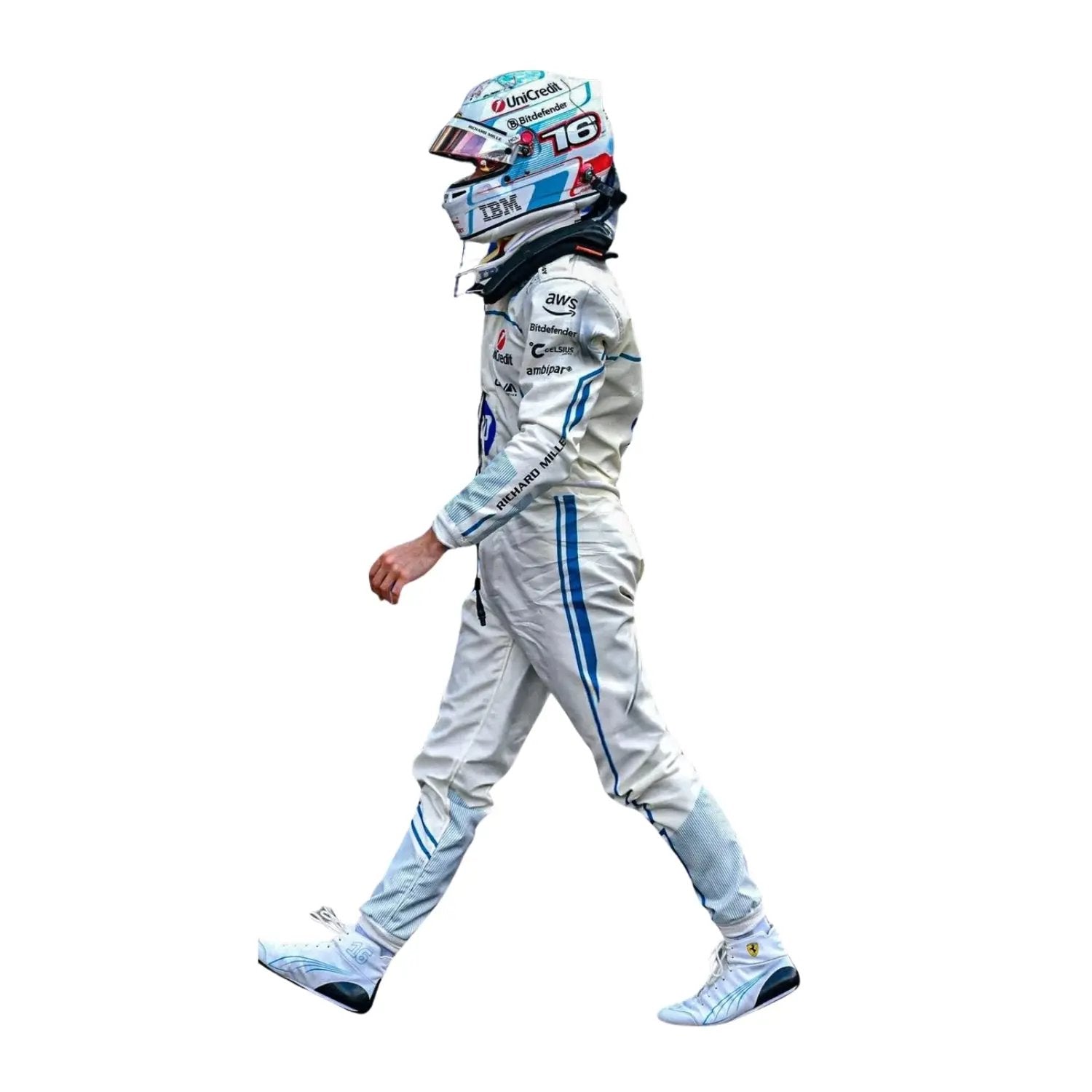 Side profile of Leclerc's 2025 Monaco Grand Prix F1 Racing suit highlighting ergonomic fit, blue accent lines, and breathable mesh fabric for optimized airflow_Bestracewear