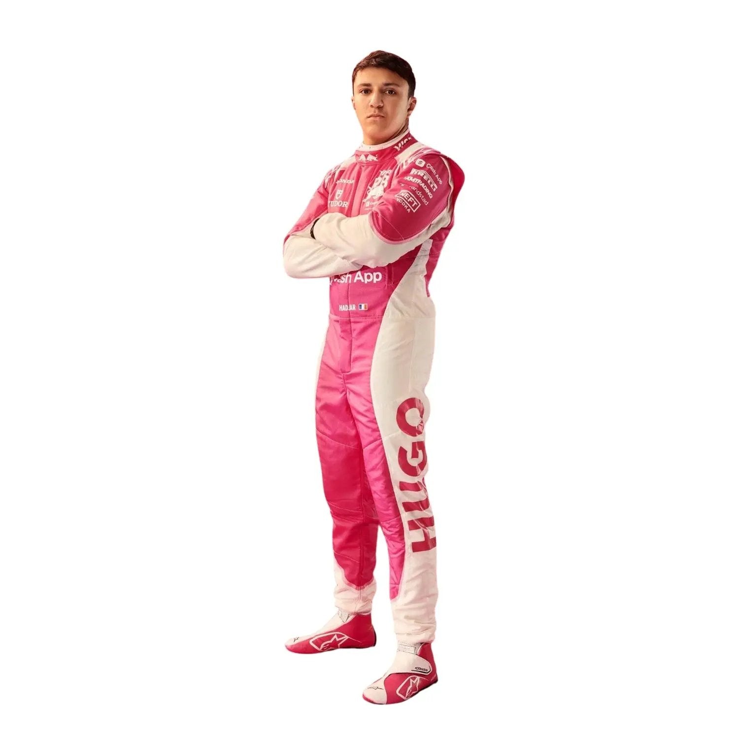 Bestracewear Isack Hadjar wearing the 2025 Miami GP F1 race suit, featuring a bold magenta and white color combination with a sharp, athletic fit.
