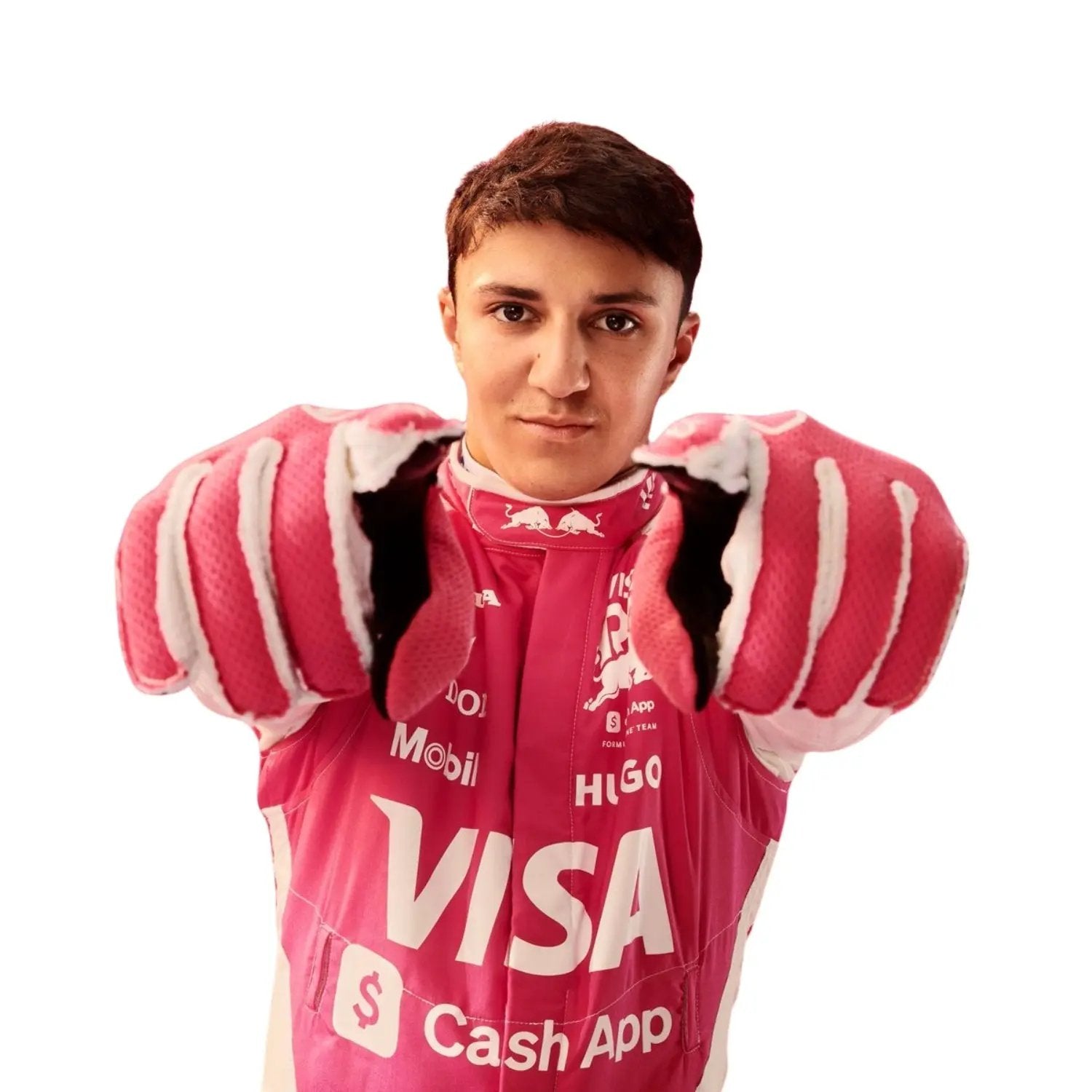 Bestracewear Isack Hadjar posing in his 2025 F1 race suit before the Miami Grand Prix, looking composed and race-ready.