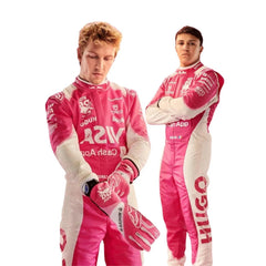 Front view of the 2025 Miami GP F1 costume worn by Liam Lawson and Isack Hadjar, showcasing turquoise-blue panels, black base, lightweight design, and precision sponsor placement - Bestracewear