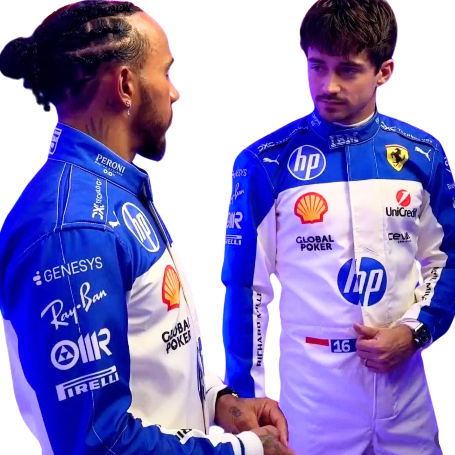 Detailed close-up of the Miami GP 2025 racing suit materials, including high-contrast stitching, driver name embroidery, and premium patches tailored for Leclerc and Hamilton. Bestracewear