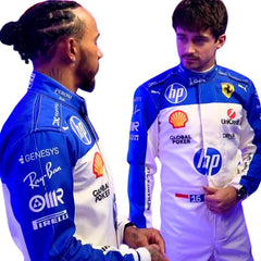 Detailed close-up of the Miami GP 2025 racing suit materials, including high-contrast stitching, driver name embroidery, and premium patches tailored for Leclerc and Hamilton. Bestracewear