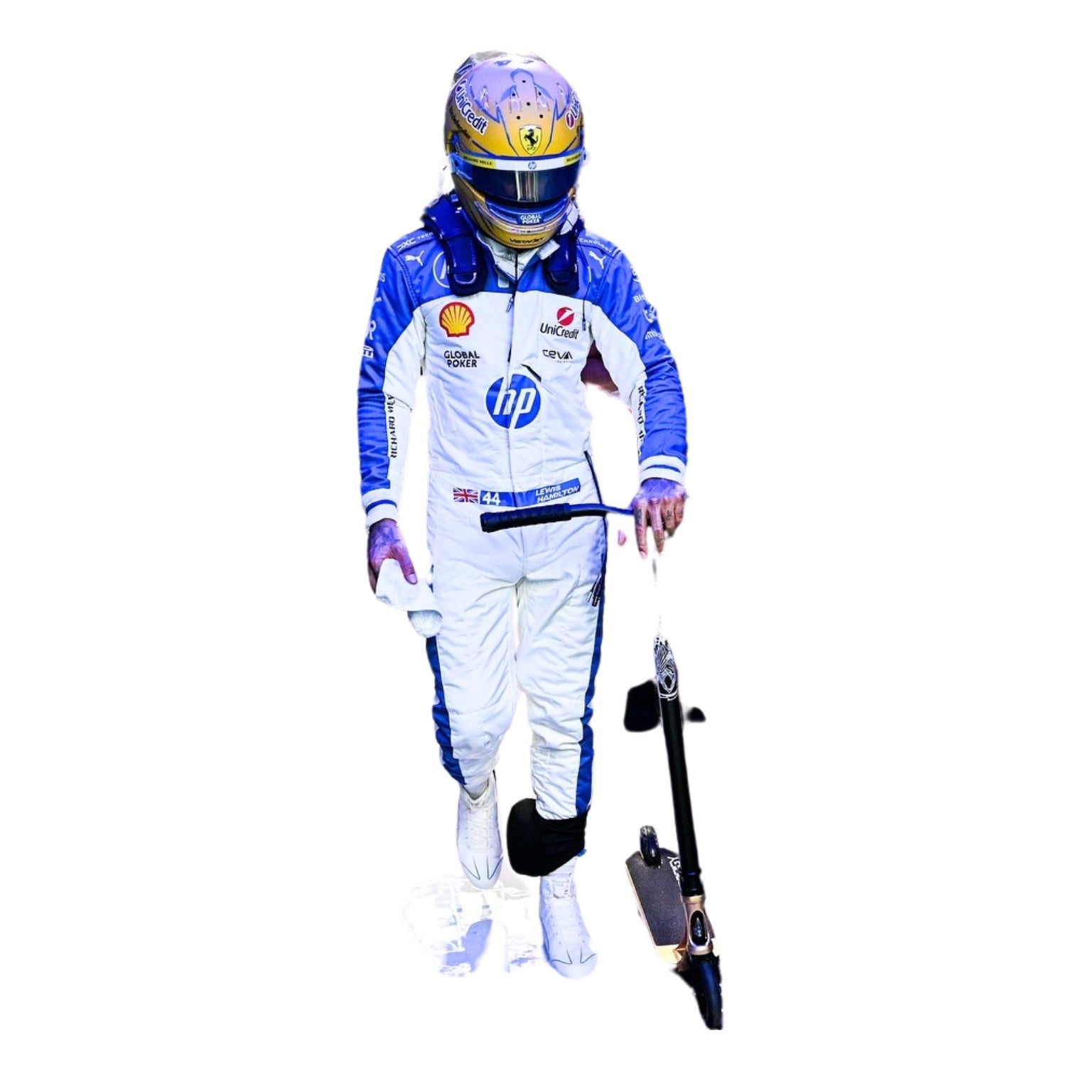 Front view of the 2025 F1 racing suits worn by Lewis Hamilton at the Miami GP, showcasing sleek aerodynamic design with tropical-inspired detailing and precision sponsor placement-Bestracewear