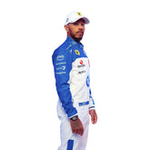 Side Profile of the 2025 F1 racing suits worn by Lewis Hamilton at the Miami GP, showcasing sleek aerodynamic design with tropical-inspired detailing and precision sponsor placement-Bestracewear