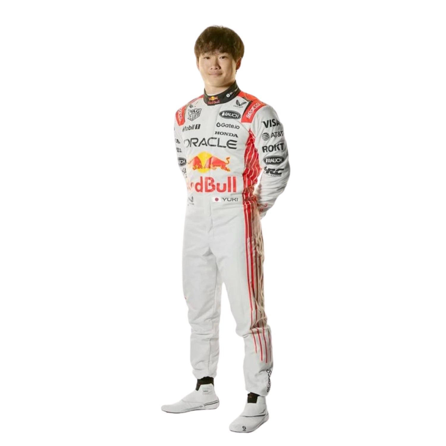 Yuki Tsunoda's 2025 Japanese Grand Prix f1 race suit front view, showcasing a predominantly white design with blue side panels and green accents around the shoulders. Bestracewear