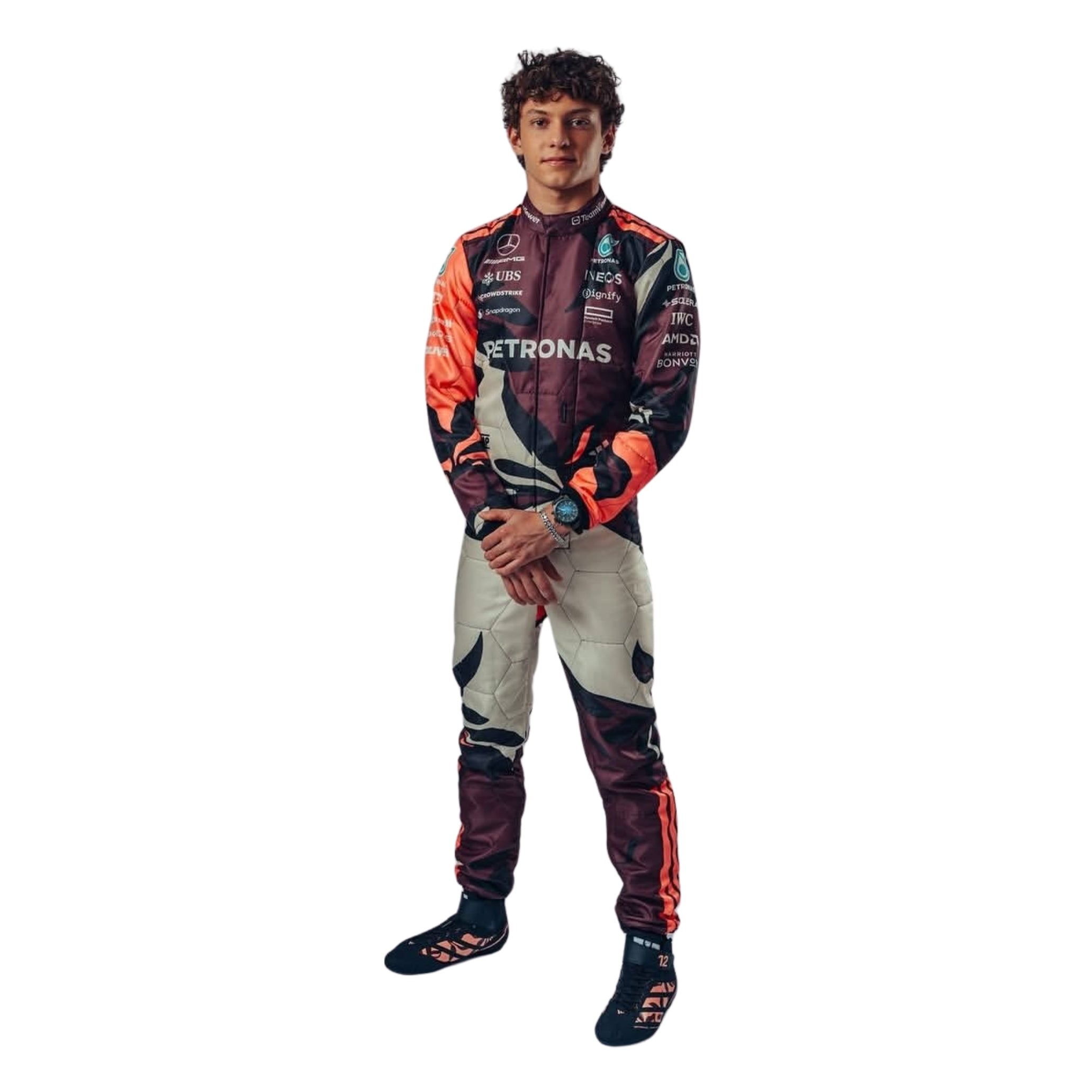 Front view of 2025_Andrea_Kimi_Antonelli_Miami_GP_F1_Racing_Suit featuring modern aerodynamic tailoring, tropical-inspired graphics, and race-ready detailing. Bestracewear